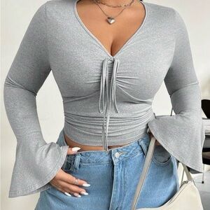 SHEIN Silver Ruched Tie-Front V-Neck Long Sleeve Top